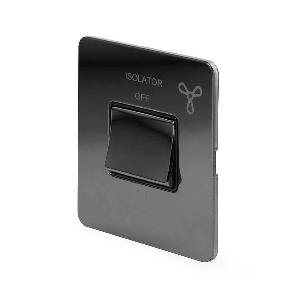 The Connaught Collection Black Nickel Flat Plate 10A 1 Gang 1 Way 3-Pole Extractor Fan Isolator Switch Blk Ins Screwless