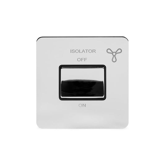 The Finsbury Collection Polished Chrome Flat Plate 10A 1 Gang 1 Way 3-Pole Extractor Fan Isolator Switch Blk Ins Screwless