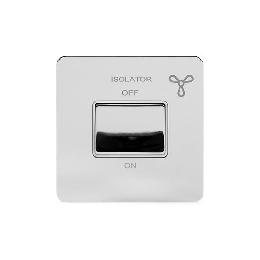 The Finsbury Collection Polished Chrome Flat Plate 10A 1 Gang 1 Way 3-Pole Extractor Fan Isolator Switch Wht Ins Screwless
