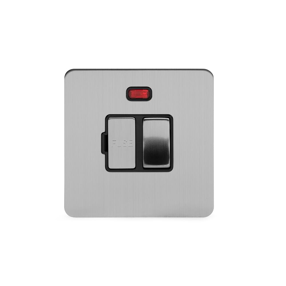The Lombard Collection Brushed Chrome Flat Plate 13A Switched Fused Connection Unit (FCU) With Neon Blk Ins Screwless