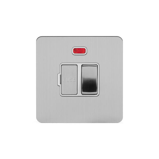 The Lombard Collection Brushed Chrome Flat Plate 13A Switched Fused Connection Unit (FCU) With Neon Wht Ins Screwless