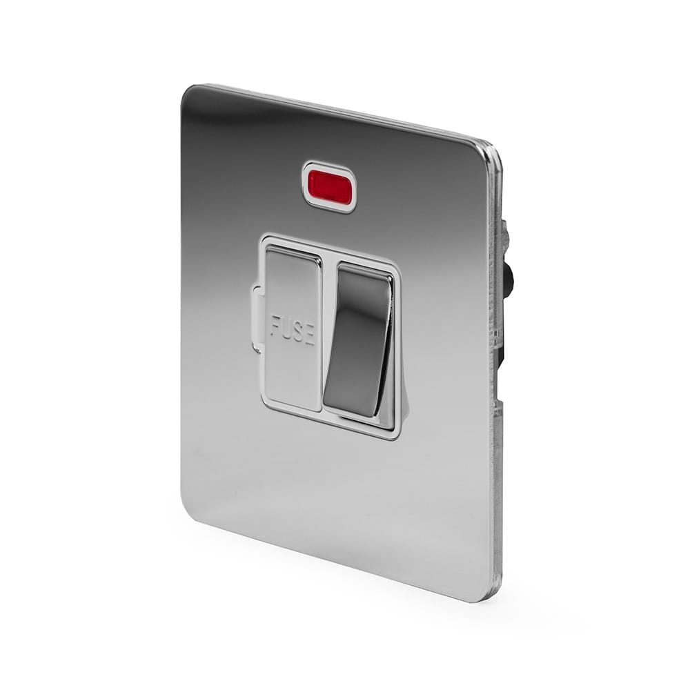The Finsbury Collection Polished Chrome Flat Plate 13A Switched Fused Connection Unit (FCU) With Neon Wht Ins Screwless
