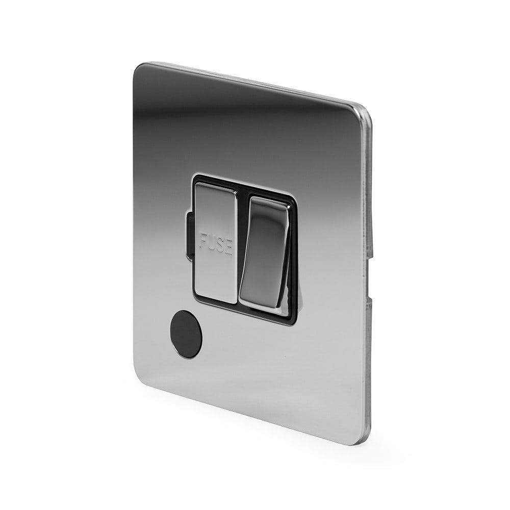 The Finsbury Collection Polished Chrome Flat Plate 13A Switched Fused Connection Unit (FCU) Flex Outlet Blk Ins Screwless