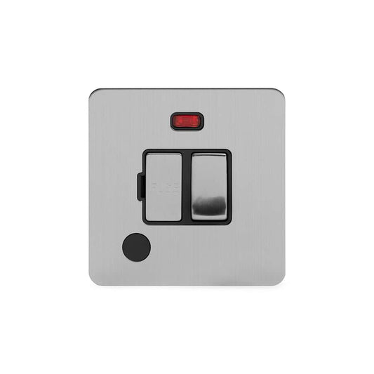 The Lombard Collection Brushed Chrome Flat Plate 13A Switched Fused Connection Unit (FCU) Flex Outlet With Neon Blk Ins Screwless
