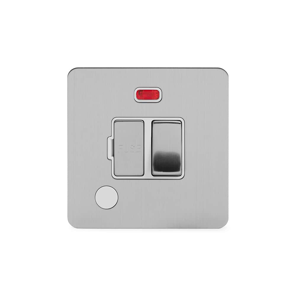 The Lombard Collection Brushed Chrome Flat Plate 13A Switched Fused Connection Unit (FCU) Flex Outlet With Neon Wht Ins Screwless