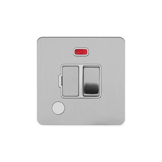 The Lombard Collection Brushed Chrome Flat Plate 13A Switched Fused Connection Unit (FCU) Flex Outlet With Neon Wht Ins Screwless