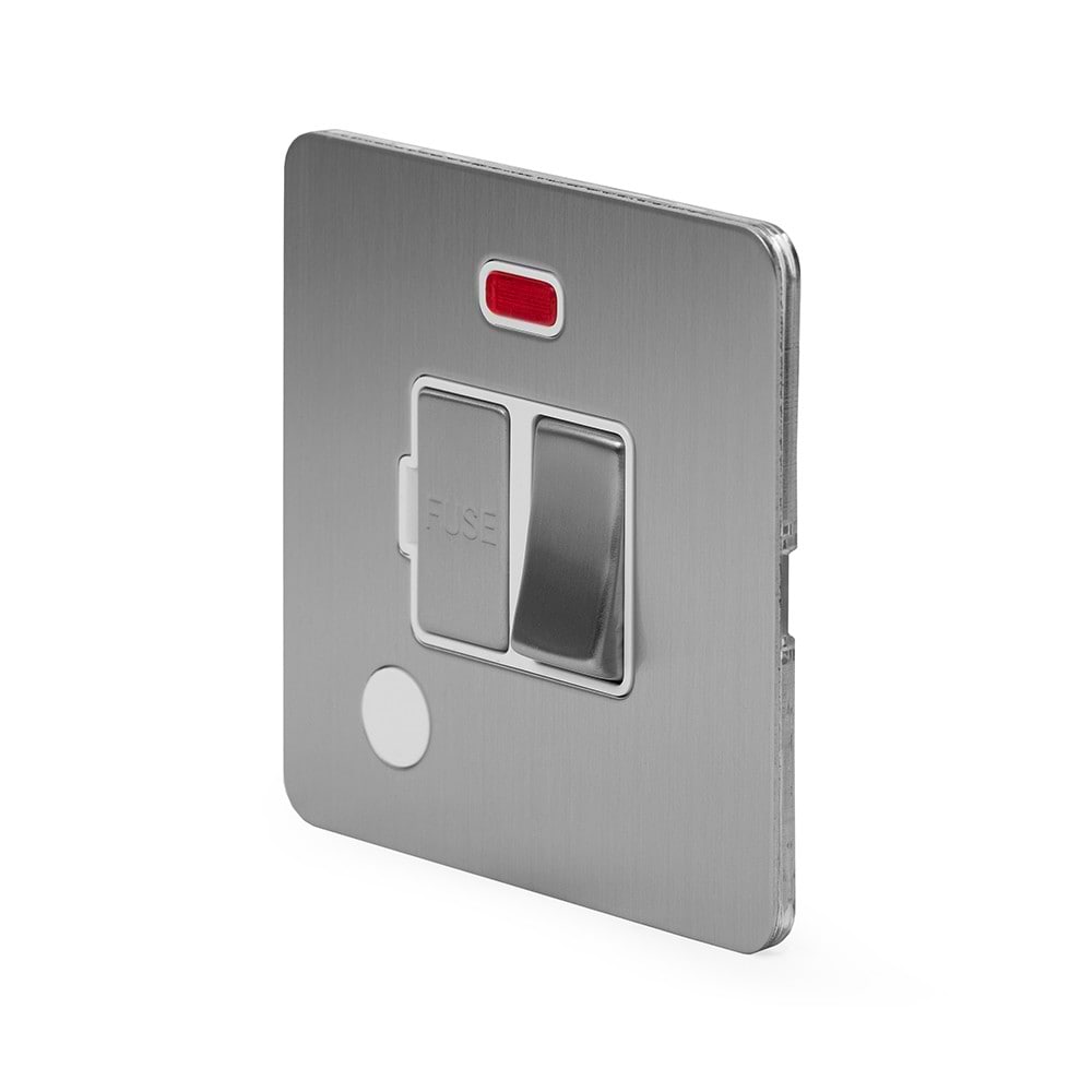 The Lombard Collection Brushed Chrome Flat Plate 13A Switched Fused Connection Unit (FCU) Flex Outlet With Neon Wht Ins Screwless