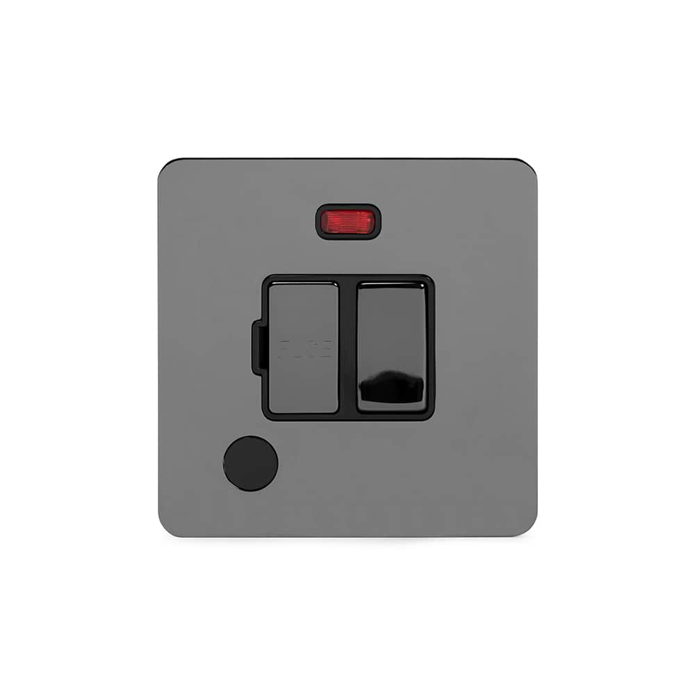 The Connaught Collection Black Nickel Flat Plate 13A Switched Fused Connection Unit (FCU) Flex Outlet With Neon Blk Ins Screwless