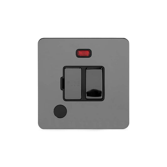 The Connaught Collection Black Nickel Flat Plate 13A Switched Fused Connection Unit (FCU) Flex Outlet With Neon Blk Ins Screwless