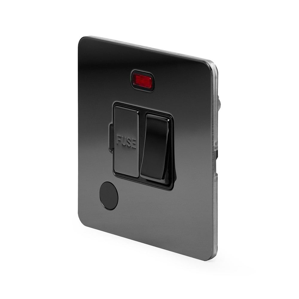 The Connaught Collection Black Nickel Flat Plate 13A Switched Fused Connection Unit (FCU) Flex Outlet With Neon Blk Ins Screwless