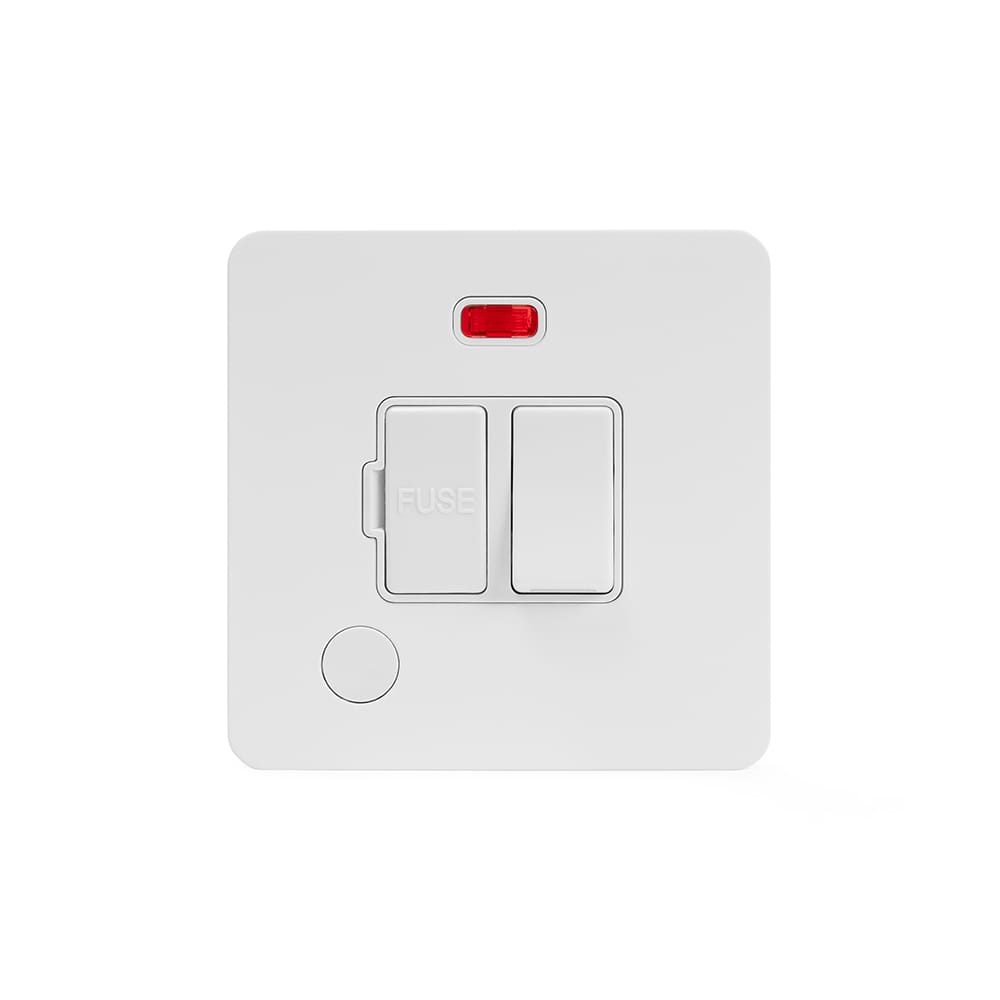 The Eldon Collection White Metal Flat Plate 13A Switched Fused Connection Unit (FCU) Flex Outlet With Neon Wht Ins Screwless