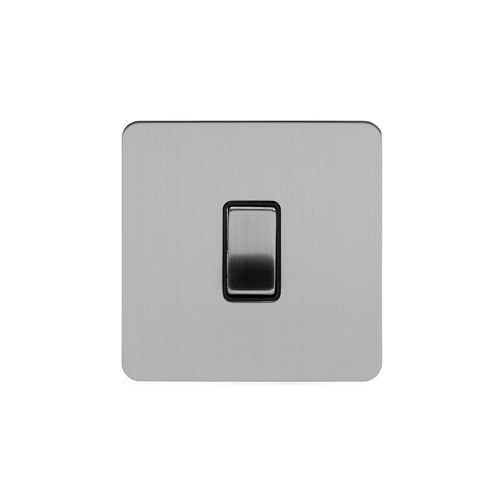 The Lombard Collection Brushed Chrome Flat Plate 20A 1 Gang Double Pole Switch Blk Ins Screwless