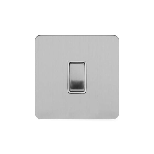 The Lombard Collection Brushed Chrome Flat Plate 20A 1 Gang Double Pole Switch Wht Ins Screwless