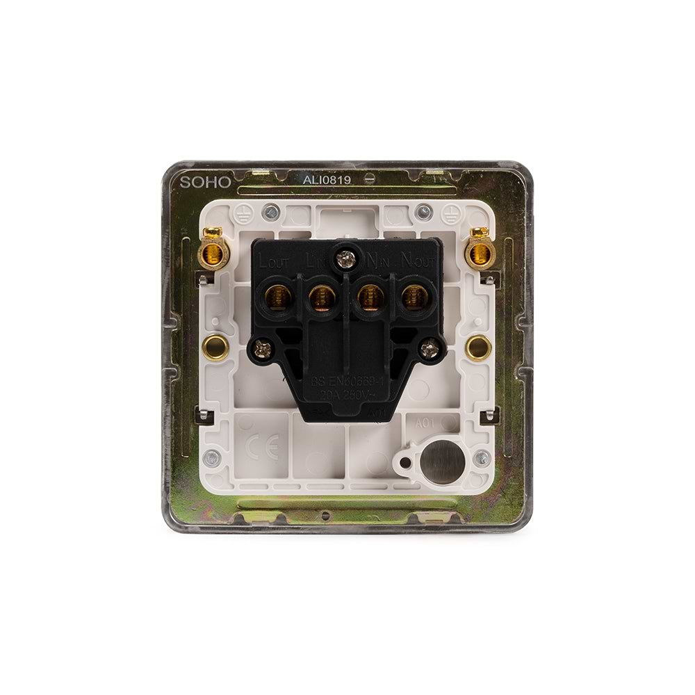The Lombard Collection Brushed Chrome Flat Plate 20A 1 Gang Double Pole Switch Wht Ins Screwless
