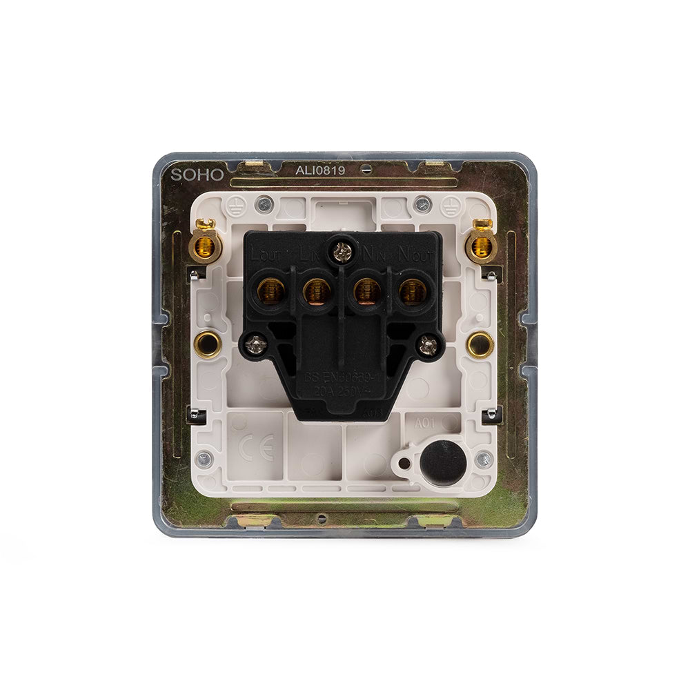 The Finsbury Collection Polished Chrome Flat Plate 20A 1 Gang Double Pole Switch Wht Ins Screwless