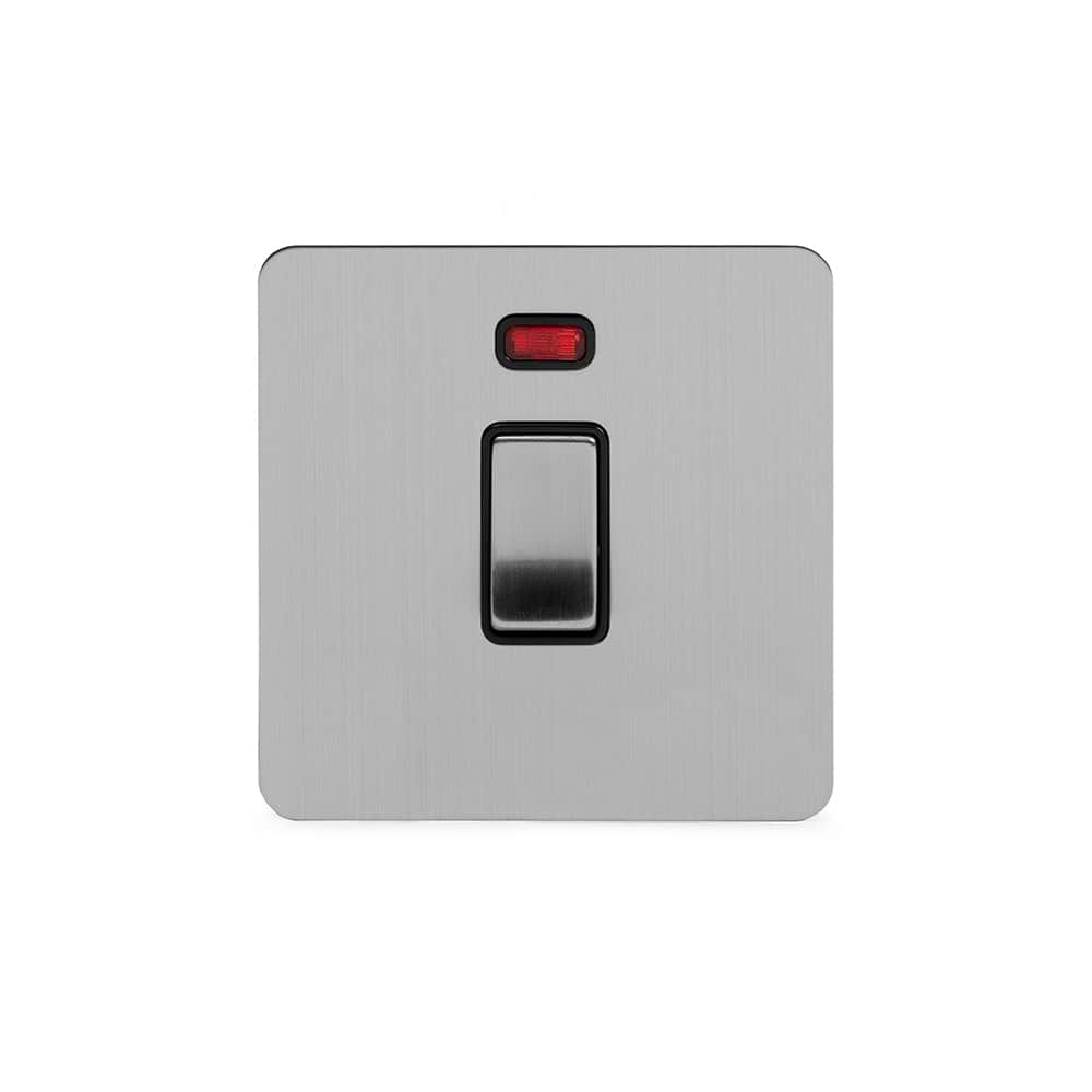 The Lombard Collection Brushed Chrome Flat Plate 20A 1 Gang Double Pole Switch With Neon Blk Ins Screwless