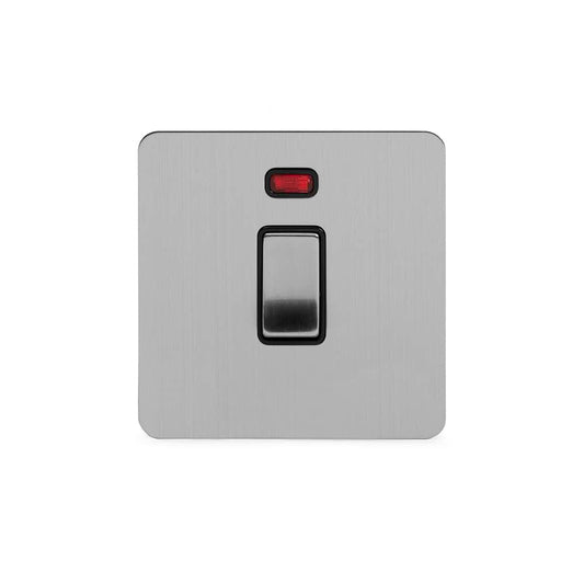 The Lombard Collection Brushed Chrome Flat Plate 20A 1 Gang Double Pole Switch With Neon Blk Ins Screwless