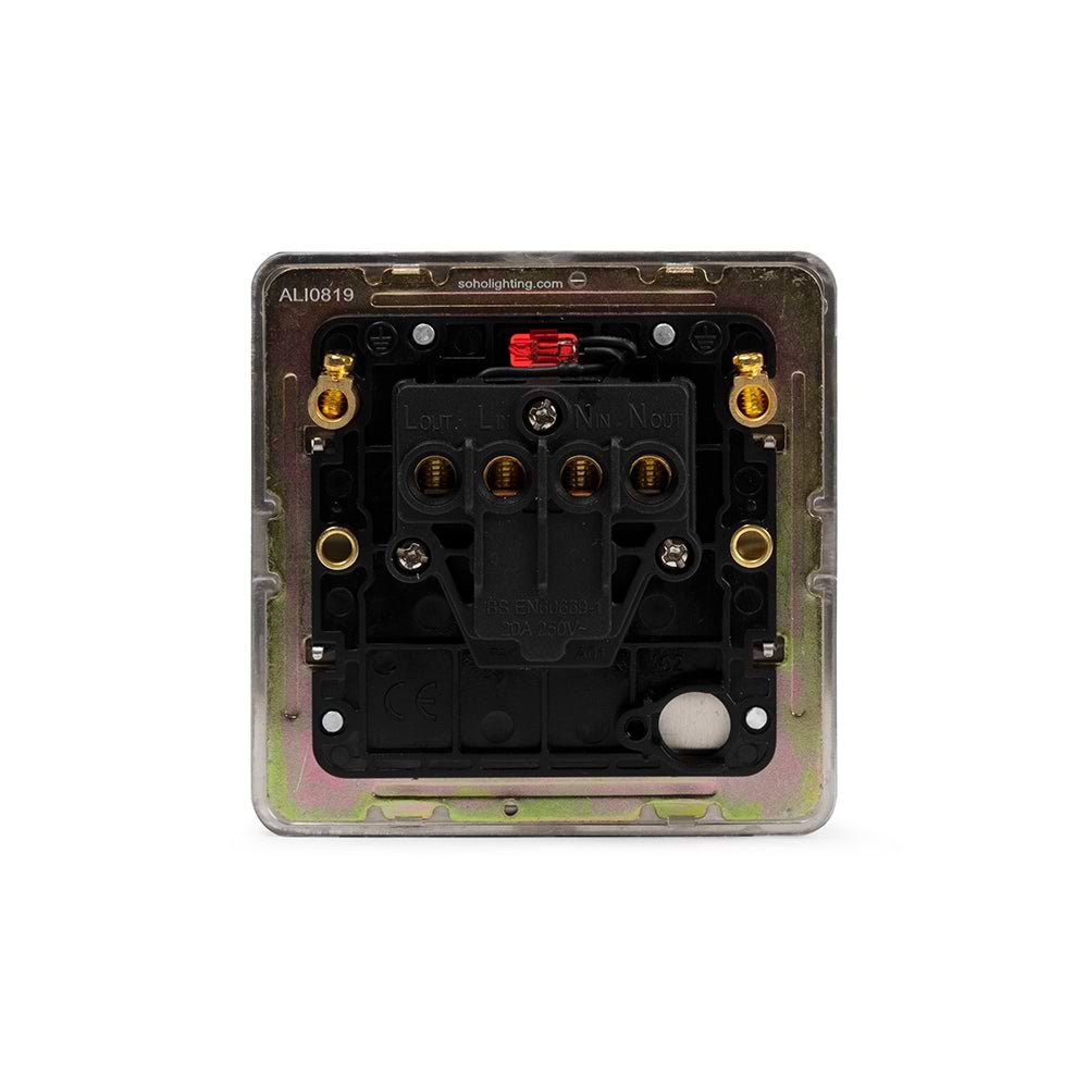 The Lombard Collection Brushed Chrome Flat Plate 20A 1 Gang Double Pole Switch With Neon Blk Ins Screwless