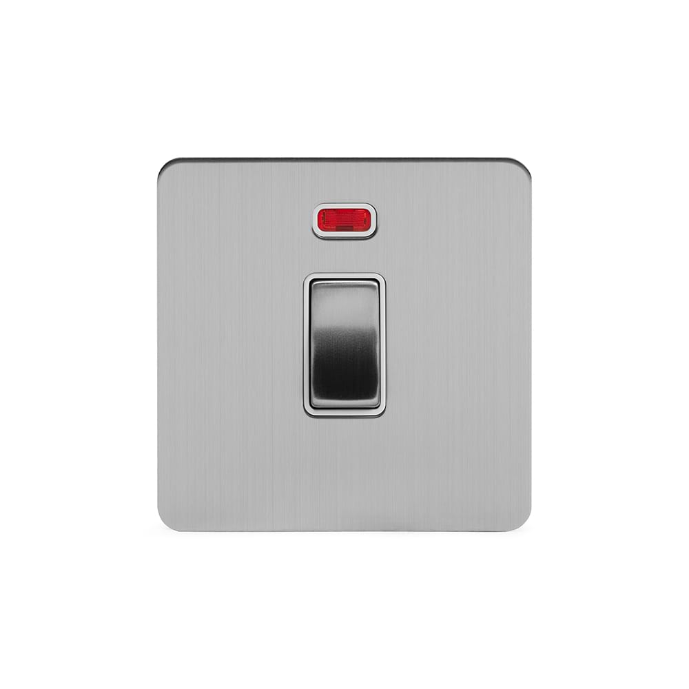 The Lombard Collection Brushed Chrome Flat Plate 20A 1 Gang Double Pole Switch With Neon Wht Ins Screwless