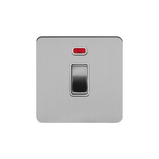The Lombard Collection Brushed Chrome Flat Plate 20A 1 Gang Double Pole Switch With Neon Wht Ins Screwless
