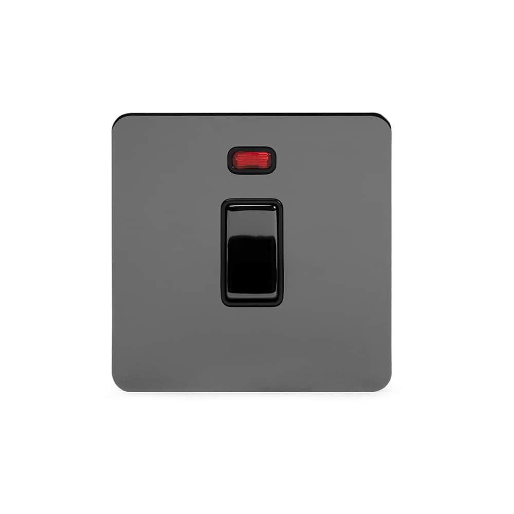 The Connaught Collection Black Nickel Flat Plate 20A 1 Gang Double Pole Switch With Neon Blk Ins Screwless
