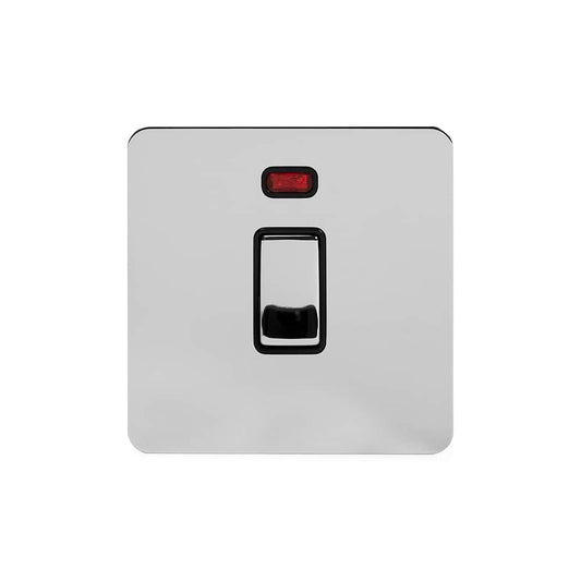 The Finsbury Collection Polished Chrome Flat Plate 20A 1 Gang Double Pole Switch With Neon Blk Ins Screwless