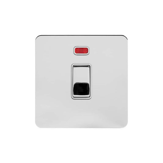 The Finsbury Collection Polished Chrome Flat Plate 20A 1 Gang Double Pole Switch With Neon Wht Ins Screwless