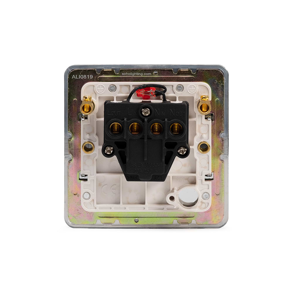 The Finsbury Collection Polished Chrome Flat Plate 20A 1 Gang Double Pole Switch With Neon Wht Ins Screwless