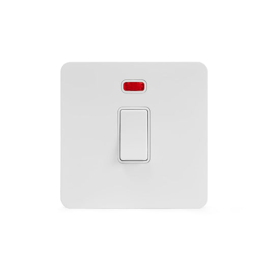 The Eldon Collection White Metal Flat Plate 20A 1 Gang Double Pole Switch With Neon Wht Ins Screwless