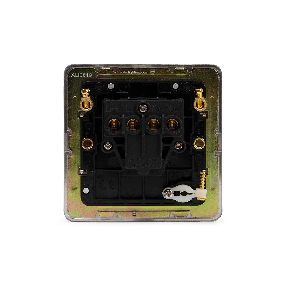 The Lombard Collection Brushed Chrome Flat Plate 20A 1 Gang Double Pole Switch Flex Outlet Blk Ins Screwless
