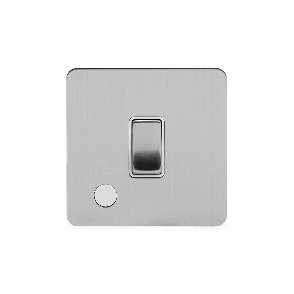 The Lombard Collection Brushed Chrome Flat Plate 20A 1 Gang Double Pole Switch Flex Outlet Wht Ins Screwless