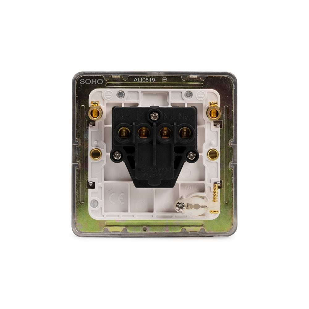 The Lombard Collection Brushed Chrome Flat Plate 20A 1 Gang Double Pole Switch Flex Outlet Wht Ins Screwless