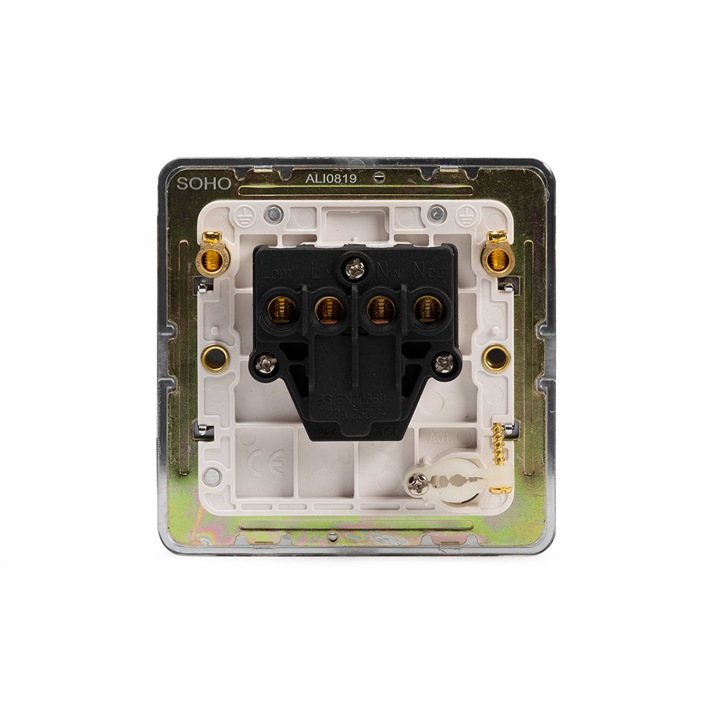 The Finsbury Collection Polished Chrome Flat Plate 20A 1 Gang Double Pole Switch Flex Outlet Wht Ins Screwless
