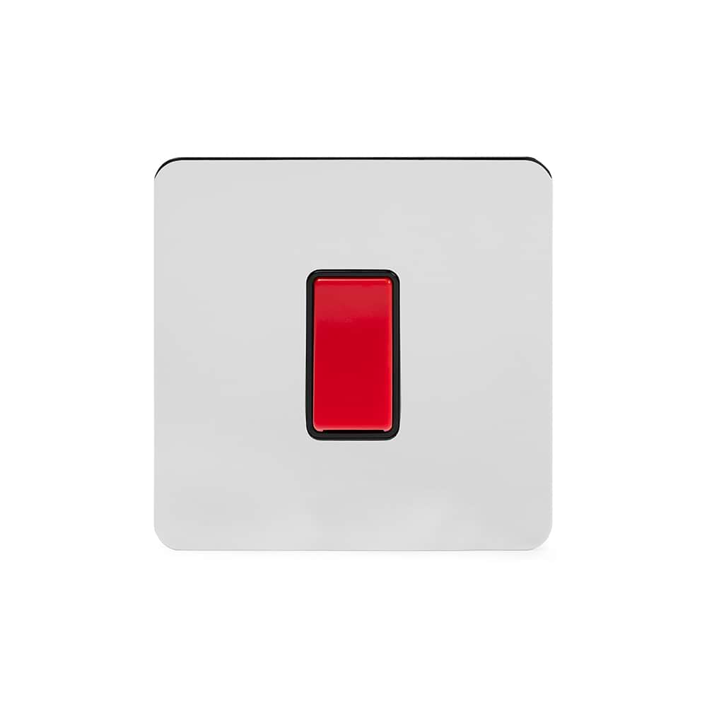 The Finsbury Collection Polished Chrome Flat Plate 45A 1 Gang Double Pole Switch Single Plate Blk Ins Screwless