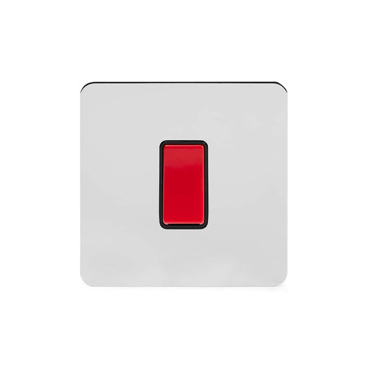 The Finsbury Collection Polished Chrome Flat Plate 45A 1 Gang Double Pole Switch Single Plate Blk Ins Screwless