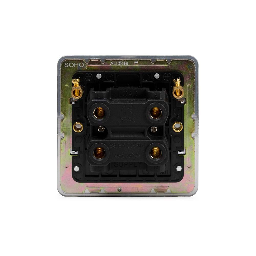 The Finsbury Collection Polished Chrome Flat Plate 45A 1 Gang Double Pole Switch Single Plate Blk Ins Screwless