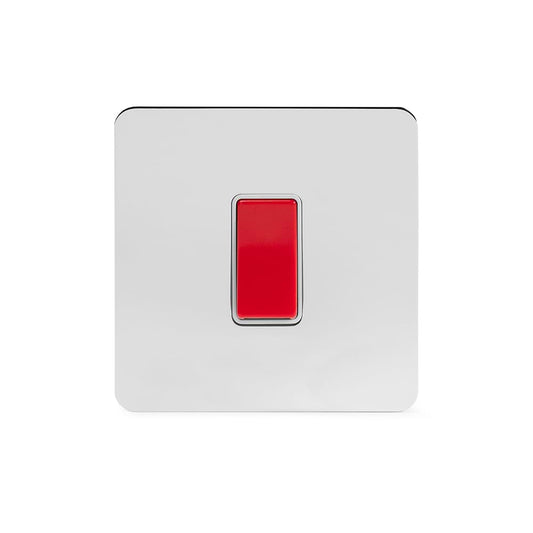 The Finsbury Collection Polished Chrome Flat Plate 45A 1 Gang Double Pole Switch, Single Plate Wht Ins Screwless