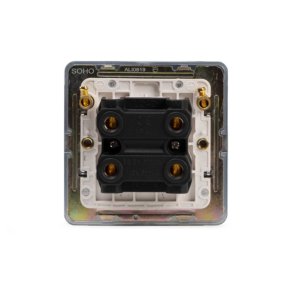 The Finsbury Collection Polished Chrome Flat Plate 45A 1 Gang Double Pole Switch, Single Plate Wht Ins Screwless
