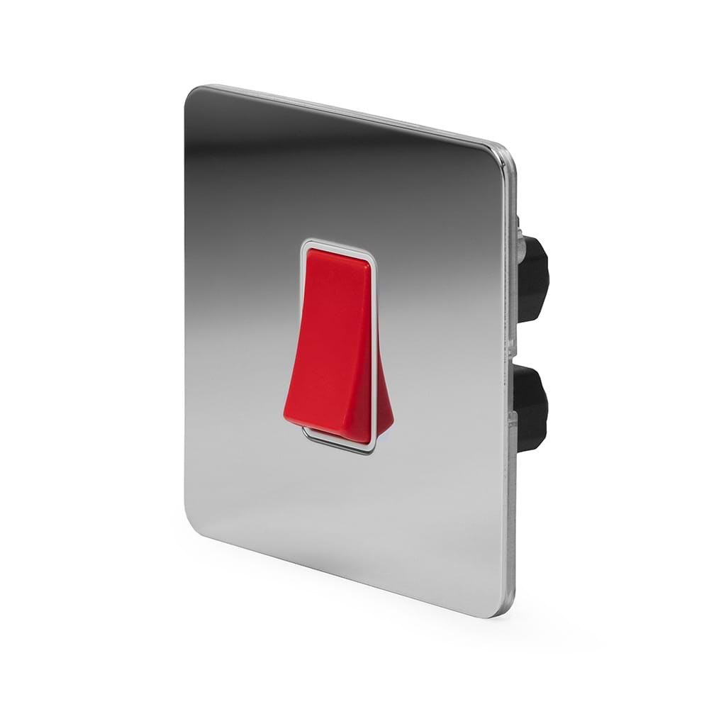 The Finsbury Collection Polished Chrome Flat Plate 45A 1 Gang Double Pole Switch, Single Plate Wht Ins Screwless