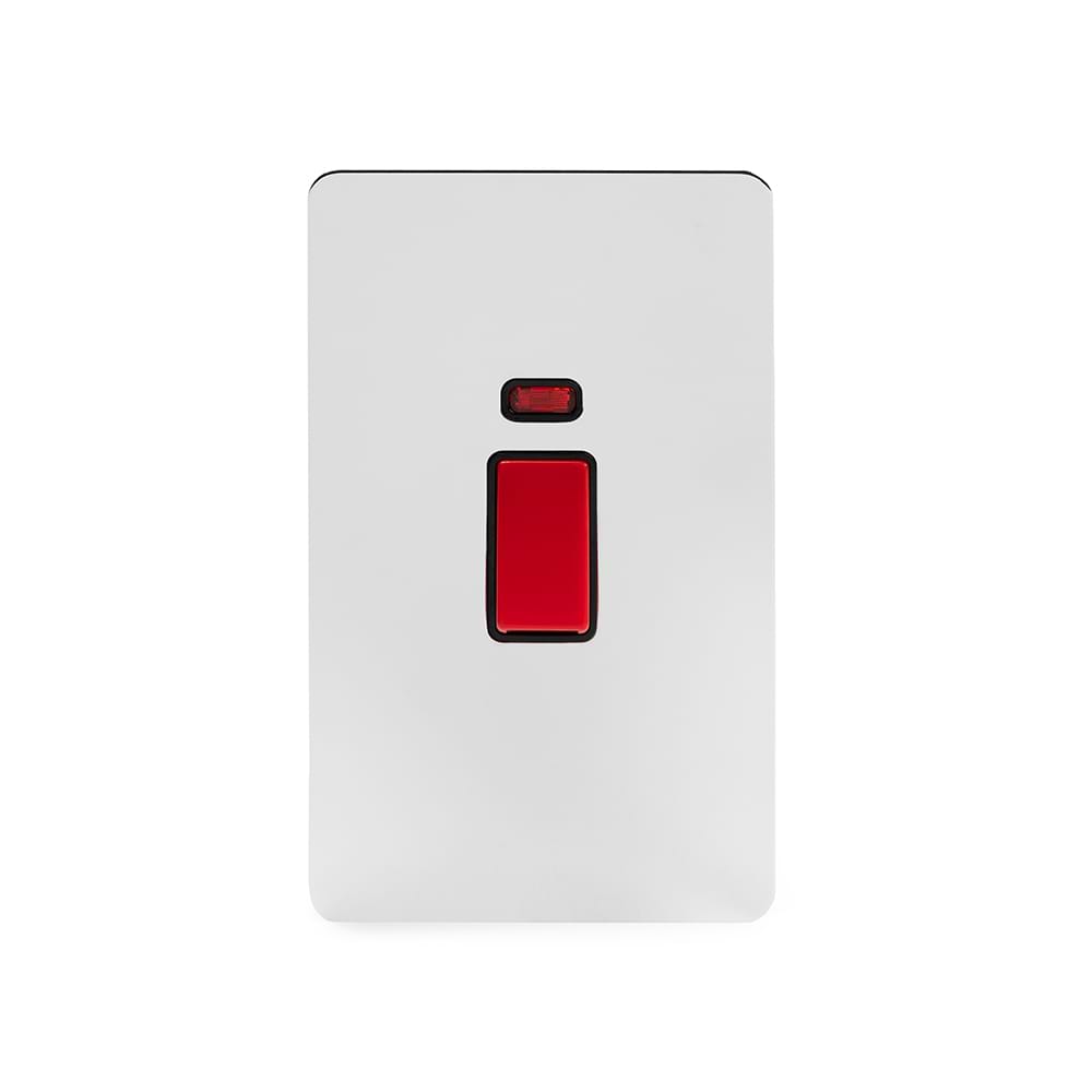 The Finsbury Collection Polished Chrome Flat Plate 45A 1 Gang Double Pole Switch With Neon Large Plate Blk Ins Screwless