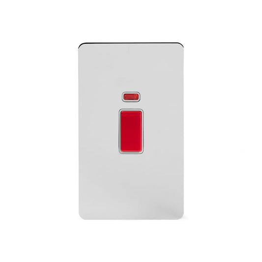 The Finsbury Collection Polished Chrome Flat Plate 45A 1 Gang Double Pole Switch With Neon, Large Plate Wht Ins Screwless