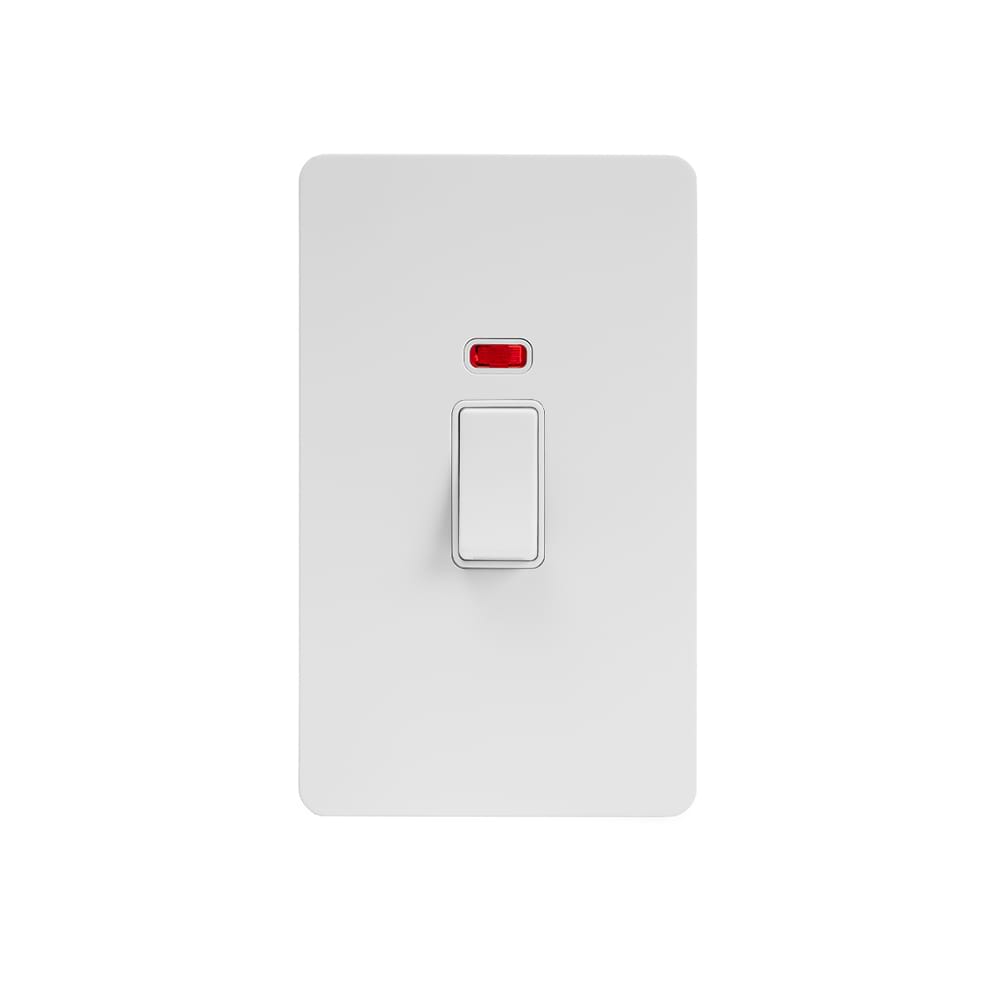 The Eldon Collection White Metal Flat Plate 45A 1 Gang Double Pole Switch With Neon, Large Plate Wht Ins Screwless