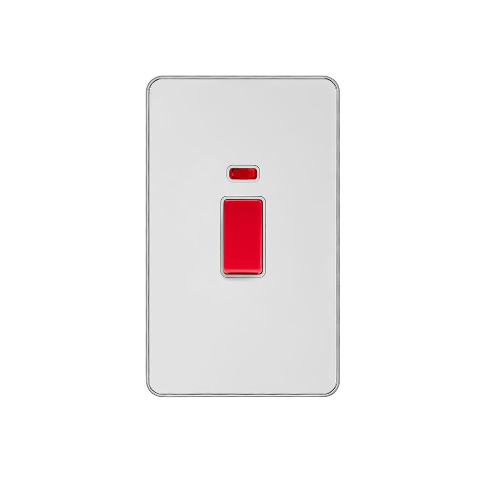 Soho Lighting White Metal Plate with Chrome Edge 45A 1 Gang Double Pole Switch With Neon, Large Plate Wht Ins Screwless