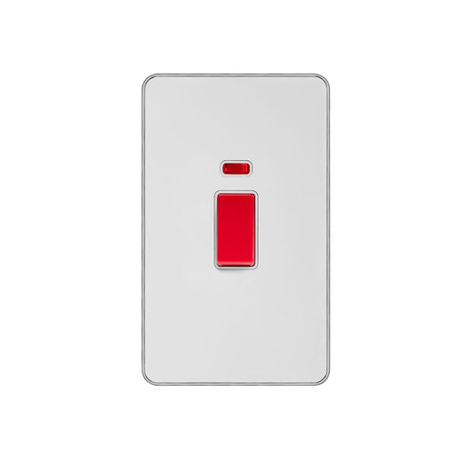 Soho Lighting White Metal Plate with Chrome Edge 45A 1 Gang Double Pole Switch With Neon, Large Plate Wht Ins Screwless