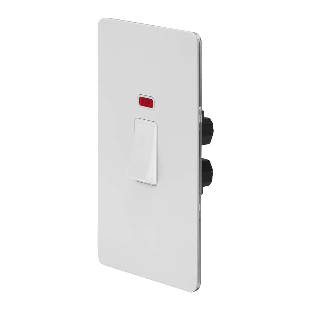 The Eldon Collection White Metal Flat Plate 45A 1 Gang Double Pole Switch With Neon, Large Plate Wht Ins Screwless