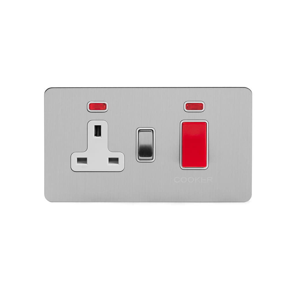 The Lombard Collection Brushed Chrome Flat Plate 45A Cooker Control Unit With Neon Wht Ins Screwless