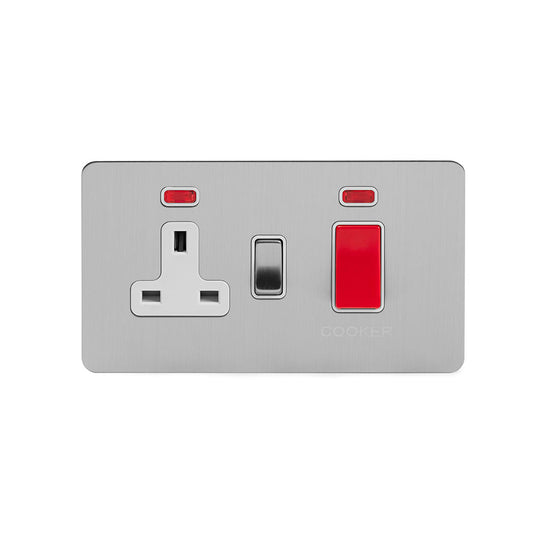 The Lombard Collection Brushed Chrome Flat Plate 45A Cooker Control Unit With Neon Wht Ins Screwless