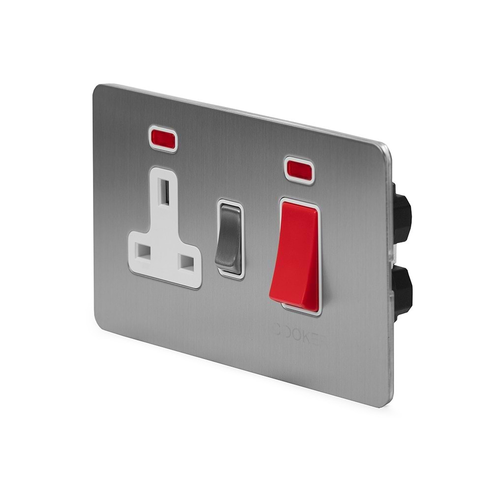 The Lombard Collection Brushed Chrome Flat Plate 45A Cooker Control Unit With Neon Wht Ins Screwless