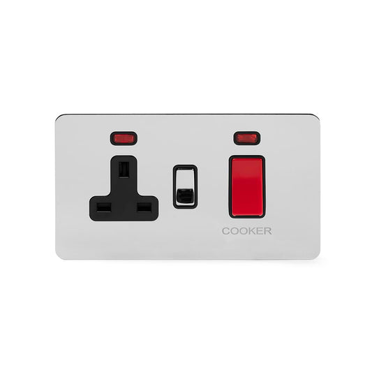 The Finsbury Collection Polished Chrome Flat Plate 45A Cooker Control Unit With Neon Blk Ins Screwless