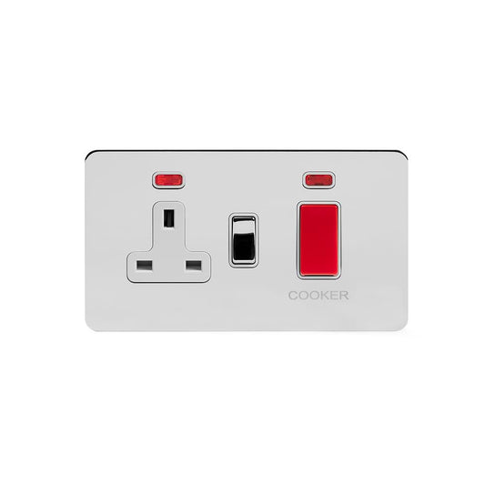 The Finsbury Collection Polished Chrome Flat Plate 45A Cooker Control Unit With Neon Wht Ins Screwless